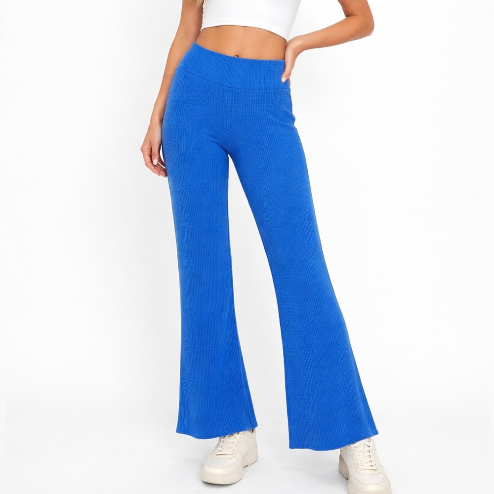 Y2K Blue Flare Sweatpants Waffle Knit Size XS‎ Cozy Athleisure Lounge Pants